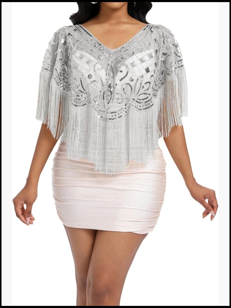 Elegant Sequin Shawl Wrap Fringe Capelet Gatsby Evening Party Wear Accessory